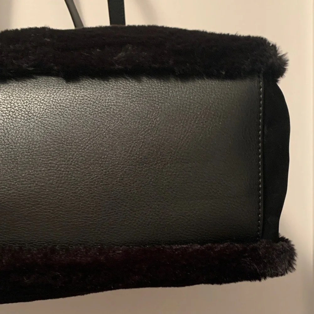 Black Faux Fur Tote with Leather Straps